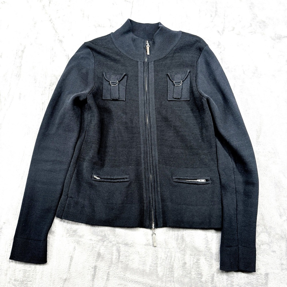 Cardigan Sweater Jacket Womans M Navy Blue Full Zip Lng Sleeve Cotton Blend‎ OLO